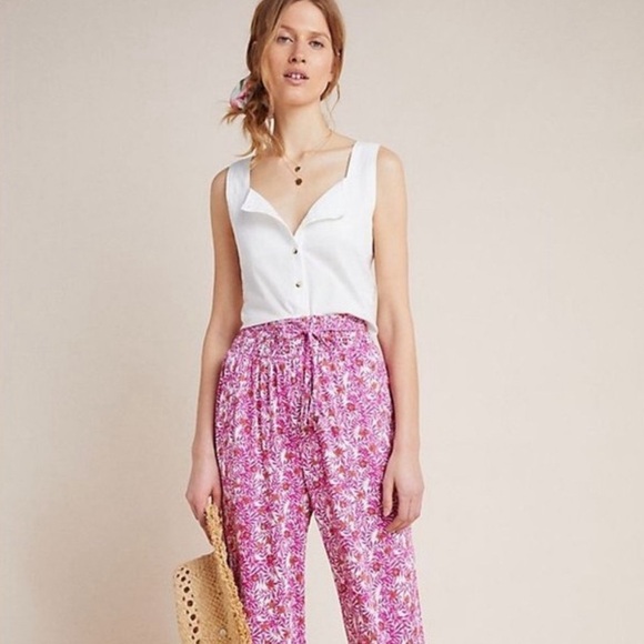 Anthropologie Pink Abstract Floral Smocked Joggers New - Picture 2 of 13